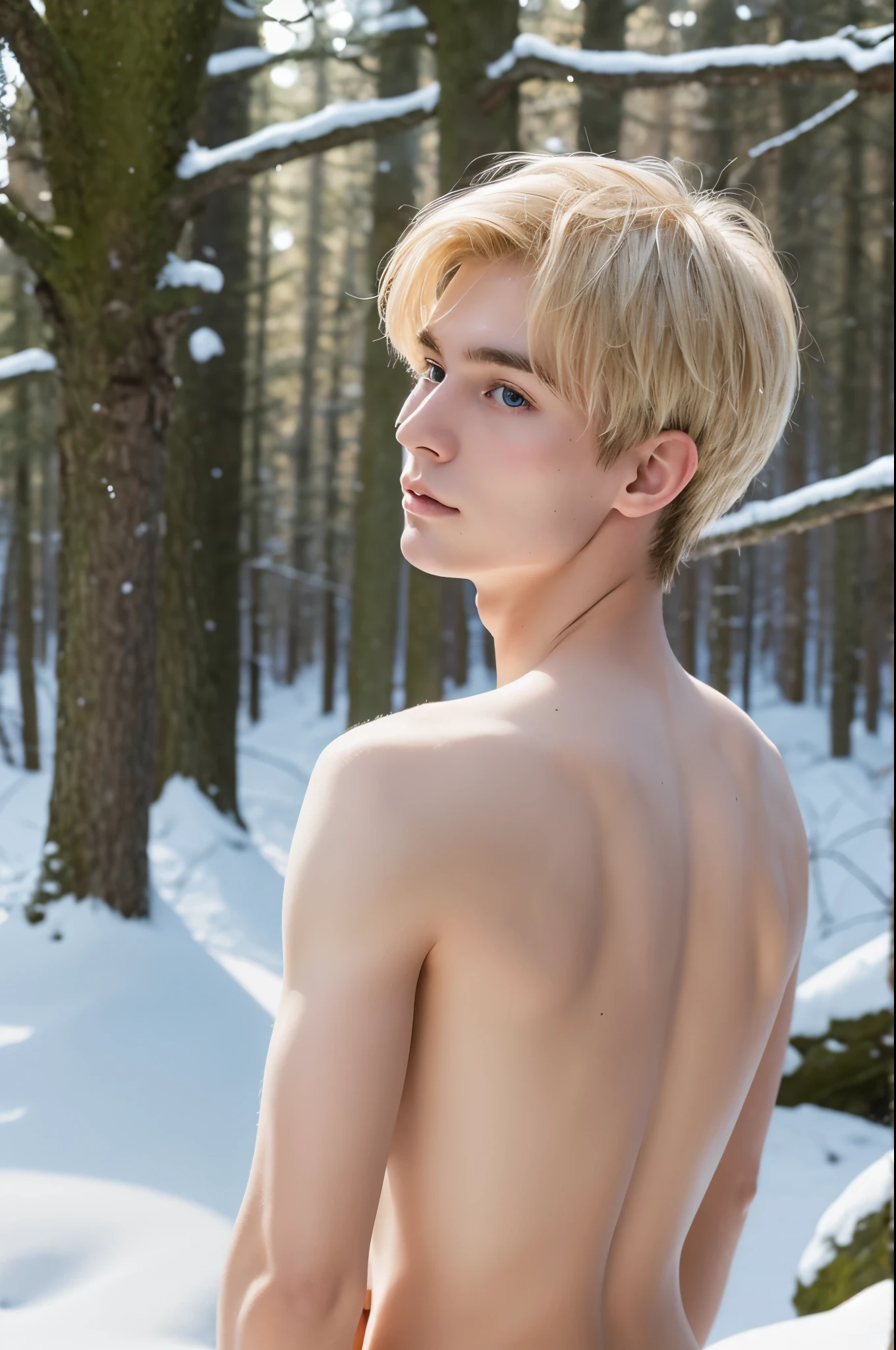 Retrato de un hermoso chico rubio en la nieve., torso desnudo, photo session in the snow, Modelo superior, modelo griego, Bosque nevado, joven rubio, Norse, Camisa, guapo, Pale skin, Cara hermosa, Luz perfecta , cinemactic, Perfect anatomy, hermoso cuerpo.