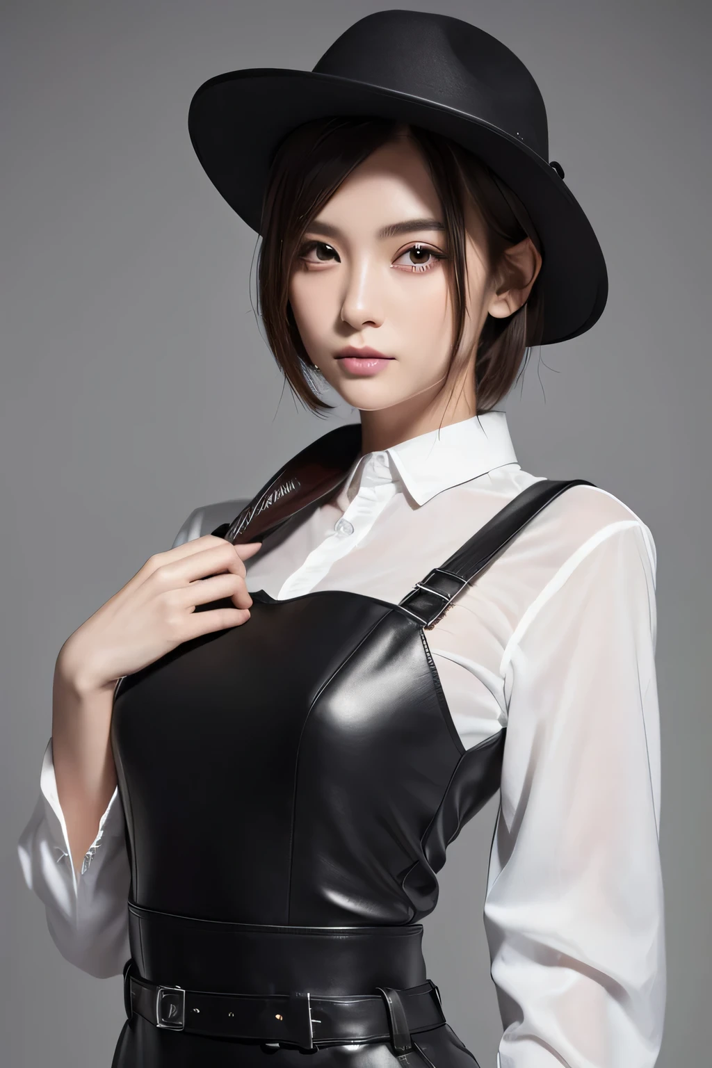 beauty、He is wearing a white striped dress shirt and a black vest..、Wearing a flashy black feather coat、Big Breasts、Wear tight black pants、He has two red belt holders on his waist..、Wearing flashy sleeves and gloves、Wearing a black tie、White Background
