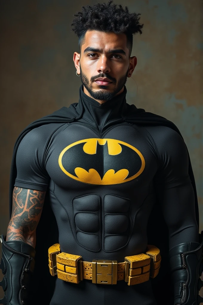 Batman, from front, super fine, hunk, looking down and mouth wide open with shocked face, lowerbody shot, bodysuits,