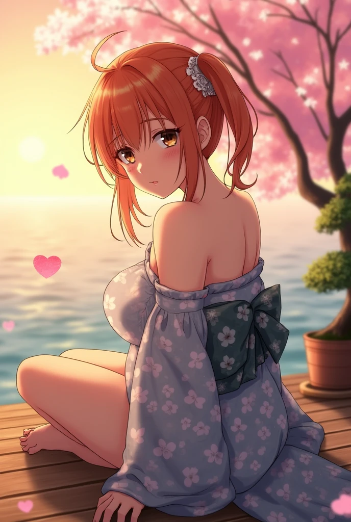 (Masterpiece, Best Quality, High Quality),(NSFW:1.3),Nishikino maki, Red hair, purple eyes, cowboy shot,(from side),moist skin,volumetric lighting, illustration, beautiful, (camisole kimono:1.1), big breasts, cleavage, flower print, looking at viewer,confident, seductive begging for sex, (arms behind back, head tilt:1.1),hand on hip,heart pendant, perfect lighting, perfect shadows, flower, (breathtaking scenery:1.1), tree, blushing, outdoors ,(begging for sex:1.2)