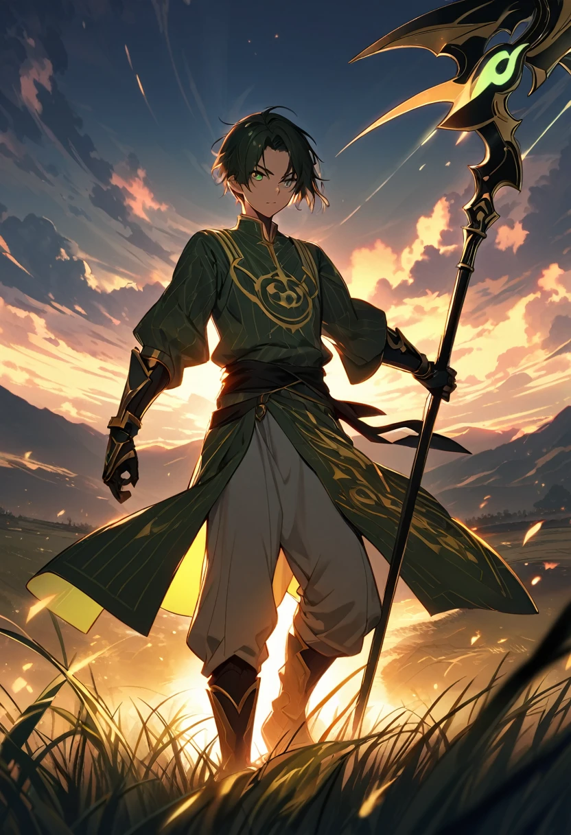 "Create a highly detailed, hand-drawn anime-style image of a young boy, around , with a slender but athletic build. He stands confidently wielding an extremely thin yet intricately designed alabarda (halberd). The weapon is nearly as tall as him, with a delicate blade that gleams in the light, contrasting its deceptively lightweight appearance. His expression is determined, eyes sharp and focused, as if he has mastered his weapon beyond his years.

His short hair is tousled and messy, adding to his youthful energy. He wears a simple tunic with light armor, adorned with subtle patterns of swirling clouds, symbolizing both his agility and grace. His outfit consists of green and gold tones, with the tunic reaching his knees and a black sash tied around his waist. His boots are practical, designed for quick movement, while his small gauntlets are engraved with intricate symbols of protection.

Around him, the scene is set in an open field at dusk, with long grass gently swaying in the wind. Golden light from the setting sun casts dramatic shadows, highlighting both the boy and his elegant halberd. Optionally, faint glowing particles of energy or mystical aura surround the weapon, hinting at its special power. The overall feel of the image should capture both the innocence of youth and the fierce determination of a skilled martial artist."