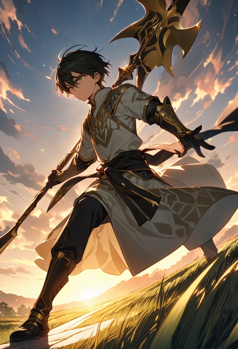 "Create a highly detailed, hand-drawn anime-style image of a young boy, around , with a slender but athletic build. He stands confidently wielding an extremely thin yet intricately designed alabarda (halberd). The weapon is nearly as tall as him, with a delicate blade that gleams in the light, contrasting its deceptively lightweight appearance. His expression is determined, eyes sharp and focused, as if he has mastered his weapon beyond his years.

His short hair is tousled and messy, adding to his youthful energy. He wears a simple tunic with light armor, adorned with subtle patterns of swirling clouds, symbolizing both his agility and grace. His outfit consists of green and gold tones, with the tunic reaching his knees and a black sash tied around his waist. His boots are practical, designed for quick movement, while his small gauntlets are engraved with intricate symbols of protection.

Around him, the scene is set in an open field at dusk, with long grass gently swaying in the wind. Golden light from the setting sun casts dramatic shadows, highlighting both the boy and his elegant halberd. Optionally, faint glowing particles of energy or mystical aura surround the weapon, hinting at its special power. The overall feel of the image should capture both the innocence of youth and the fierce determination of a skilled martial artist."