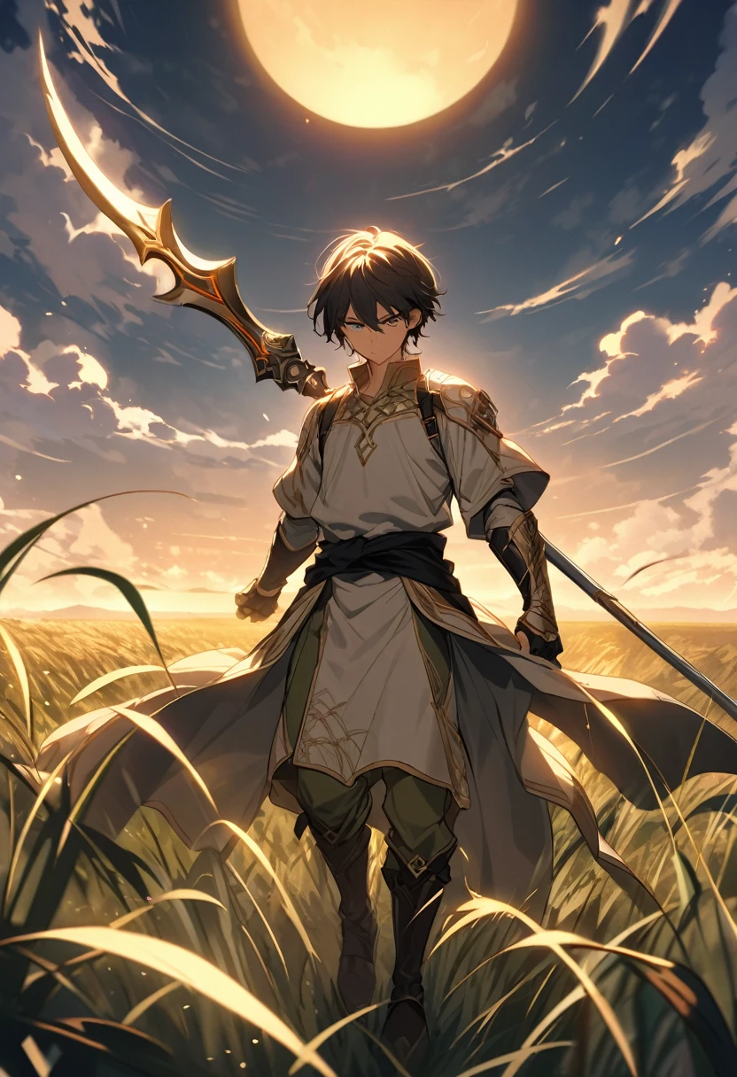 "Create a highly detailed, hand-drawn anime-style image of a young boy, around , with a slender but athletic build. He stands confidently wielding an extremely thin yet intricately designed alabarda (halberd). The weapon is nearly as tall as him, with a delicate blade that gleams in the light, contrasting its deceptively lightweight appearance. His expression is determined, eyes sharp and focused, as if he has mastered his weapon beyond his years.

His short hair is tousled and messy, adding to his youthful energy. He wears a simple tunic with light armor, adorned with subtle patterns of swirling clouds, symbolizing both his agility and grace. His outfit consists of green and gold tones, with the tunic reaching his knees and a black sash tied around his waist. His boots are practical, designed for quick movement, while his small gauntlets are engraved with intricate symbols of protection.

Around him, the scene is set in an open field at dusk, with long grass gently swaying in the wind. Golden light from the setting sun casts dramatic shadows, highlighting both the boy and his elegant halberd. Optionally, faint glowing particles of energy or mystical aura surround the weapon, hinting at its special power. The overall feel of the image should capture both the innocence of youth and the fierce determination of a skilled martial artist."