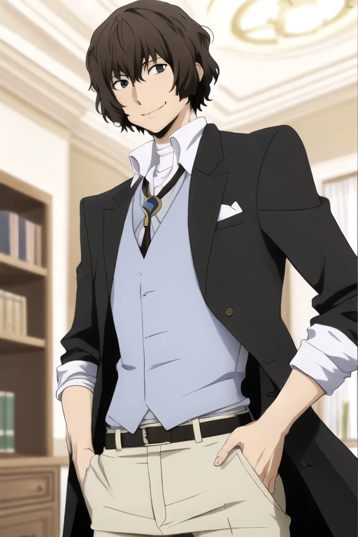 Dazai, accent masculin, 1 garçon, cheveux bruns, yeux marrons, pansements, cheveux entre les yeux, chemise, pantalon, manteau, cheveux courts, gilet, BRAS BANDÉ, petit sourire satisfait, chaud, sexy, charmant