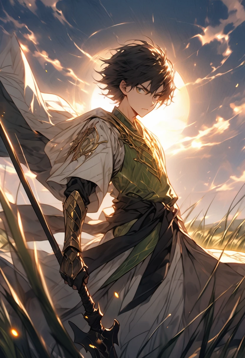 "Create a highly detailed, hand-drawn anime-style image of a young boy, around , with a slender but athletic build. He stands confidently wielding an extremely thin yet intricately designed alabarda (halberd). The weapon is nearly as tall as him, with a delicate blade that gleams in the light, contrasting its deceptively lightweight appearance. His expression is determined, eyes sharp and focused, as if he has mastered his weapon beyond his years.

His short hair is tousled and messy, adding to his youthful energy. He wears a simple tunic with light armor, adorned with subtle patterns of swirling clouds, symbolizing both his agility and grace. His outfit consists of green and gold tones, with the tunic reaching his knees and a black sash tied around his waist. His boots are practical, designed for quick movement, while his small gauntlets are engraved with intricate symbols of protection.

Around him, the scene is set in an open field at dusk, with long grass gently swaying in the wind. Golden light from the setting sun casts dramatic shadows, highlighting both the boy and his elegant halberd. Optionally, faint glowing particles of energy or mystical aura surround the weapon, hinting at its special power. The overall feel of the image should capture both the innocence of youth and the fierce determination of a skilled martial artist."