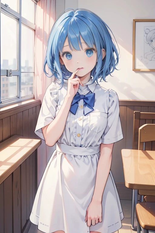 (((beautiful detailed)))(cute face:1.2)1girl, A girl stuffing her face with french fries, Girl crying while eating a pile of french fries, Inside a 2000s-style diner, 1950s-style interior, light Navy blue hair, blue eyes, A short-sleeved white shirt with four vertical bow ties, Ahoge, long bob cut with fluffy hair(sharp lines:1.2)(clear line:1.2)(eye details:1.3)(thick border:1.4) animation cel style,ligne claire, limited palette((masterpiece, high quality, best quality))(low contrast: 0.5),Anna yanami, blue hair, blue eyes, school uniform, makeine, too many losing heroines,Watercolor style, watercolor pencil, paper texture,90s style,Anna yanami, blue hair, blue eyes, school uniform, makeine, too many losing heroines,
