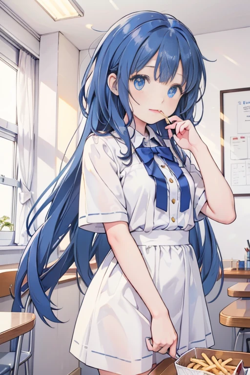 (((beautiful detailed)))(cute face:1.2)1girl, A girl stuffing her face with french fries, Girl crying while eating a pile of french fries, Inside a 2000s-style diner, 1950s-style interior, light Navy blue hair, blue eyes, A short-sleeved white shirt with four vertical bow ties, Ahoge, long bob cut with fluffy hair(sharp lines:1.2)(clear line:1.2)(eye details:1.3)(thick border:1.4) animation cel style,ligne claire, limited palette((masterpiece, high quality, best quality))(low contrast: 0.5),Anna yanami, blue hair, blue eyes, school uniform, makeine, too many losing heroines,Watercolor style, watercolor pencil, paper texture,90s style,Anna yanami, blue hair, blue eyes, school uniform, makeine, too many losing heroines,
