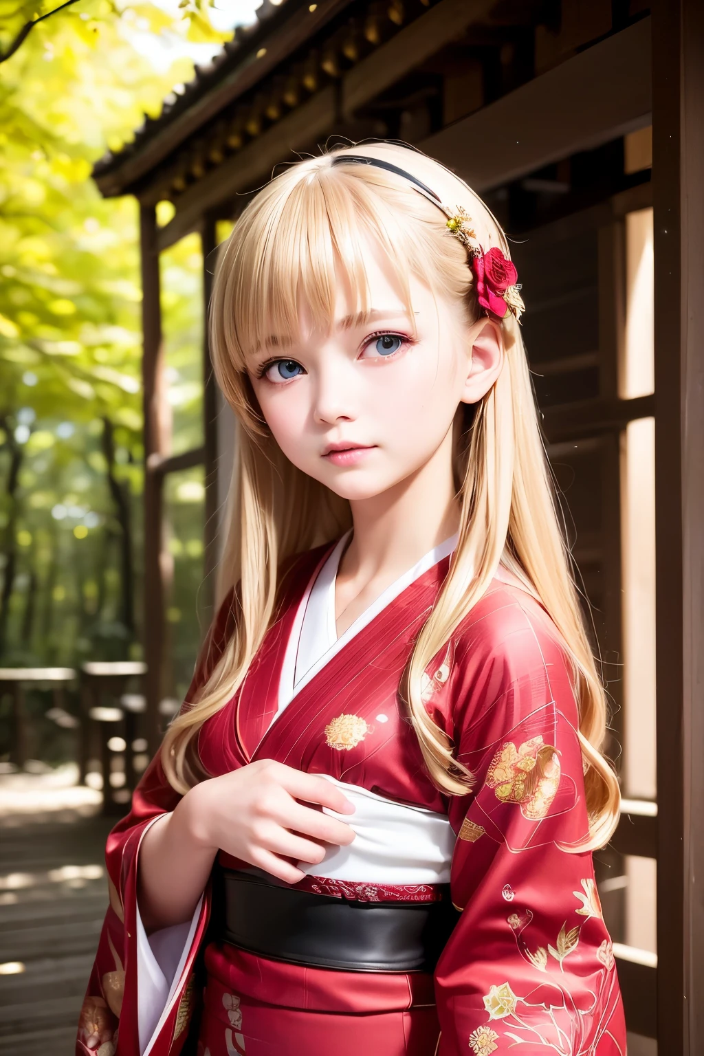 masterpiece,Best Quality,Very detailed,beautiful girl, ager,Red floral pattern furisode,Kimono with intricate patterns,Outdoor,Autumnal forest,Small breasts,Narrow waist,Straight blonde hair,Perfect Blue Eyes,Very cute