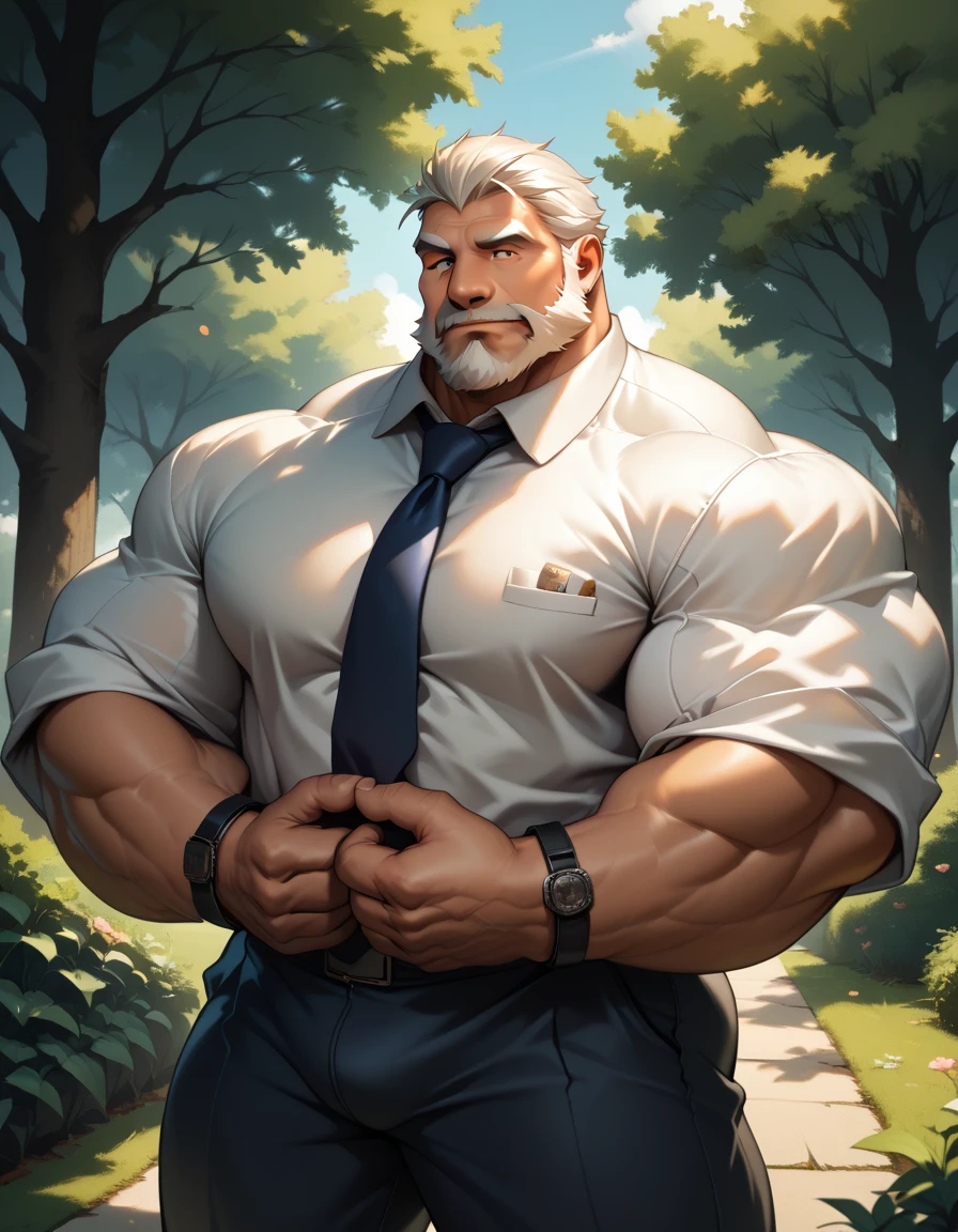 bara old man, strong physique, perfect anatomy, masterpiece, white beard, wrinkles skinned, eyes, solo, great lighting, park, suits, hyper muscular, thick arms, huge pectoral