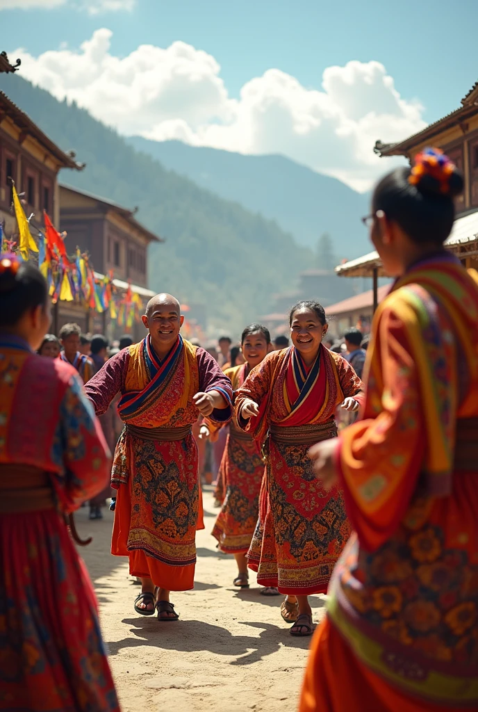 On the street，A grand festive parade is underway。People are dressed in traditional clothing，Dance，Hold aloft a variety of richly decorated flags and props。
