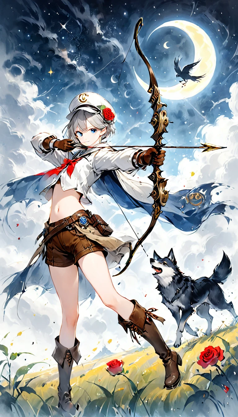 ((Best Quality)), ((Famous Paintings)), (detailed),A girl aiming a bow,2,Silver Hair,Short Hair,Partial bangs,blue eyes,Short white cape with an open front, break,Bikini short yellow tube top,Belly button, break,Brown long sleeve,Gloves connected to sleeves, break（Black spats,Brown shorts),Half Boots,Brown knee-high socks,White newsboy cap with roses,Starry Sky,Crescent moon pattern,grassland,Big Falcon,Big Wolf
