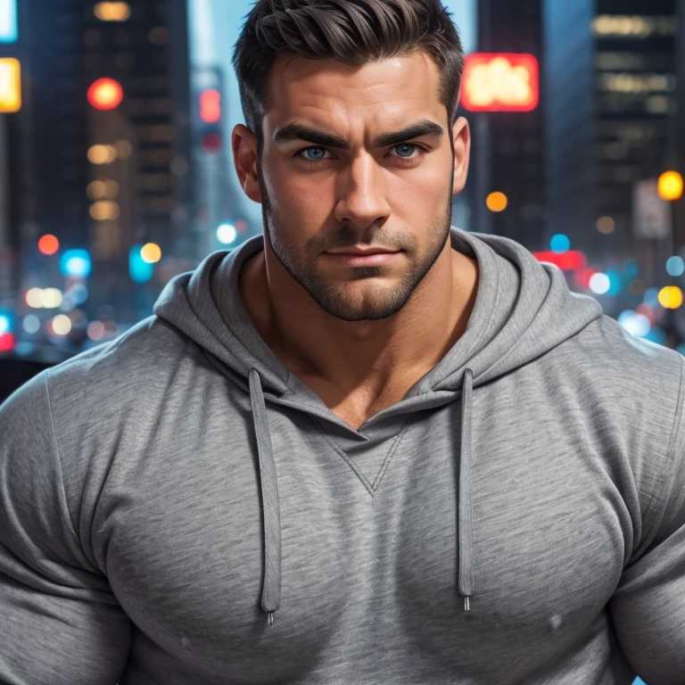 hyper muscles, large muscles, muscular, a very handsome young man, big eyes, wearing a gray sweatshirt, very muscular, a city, close up portrait