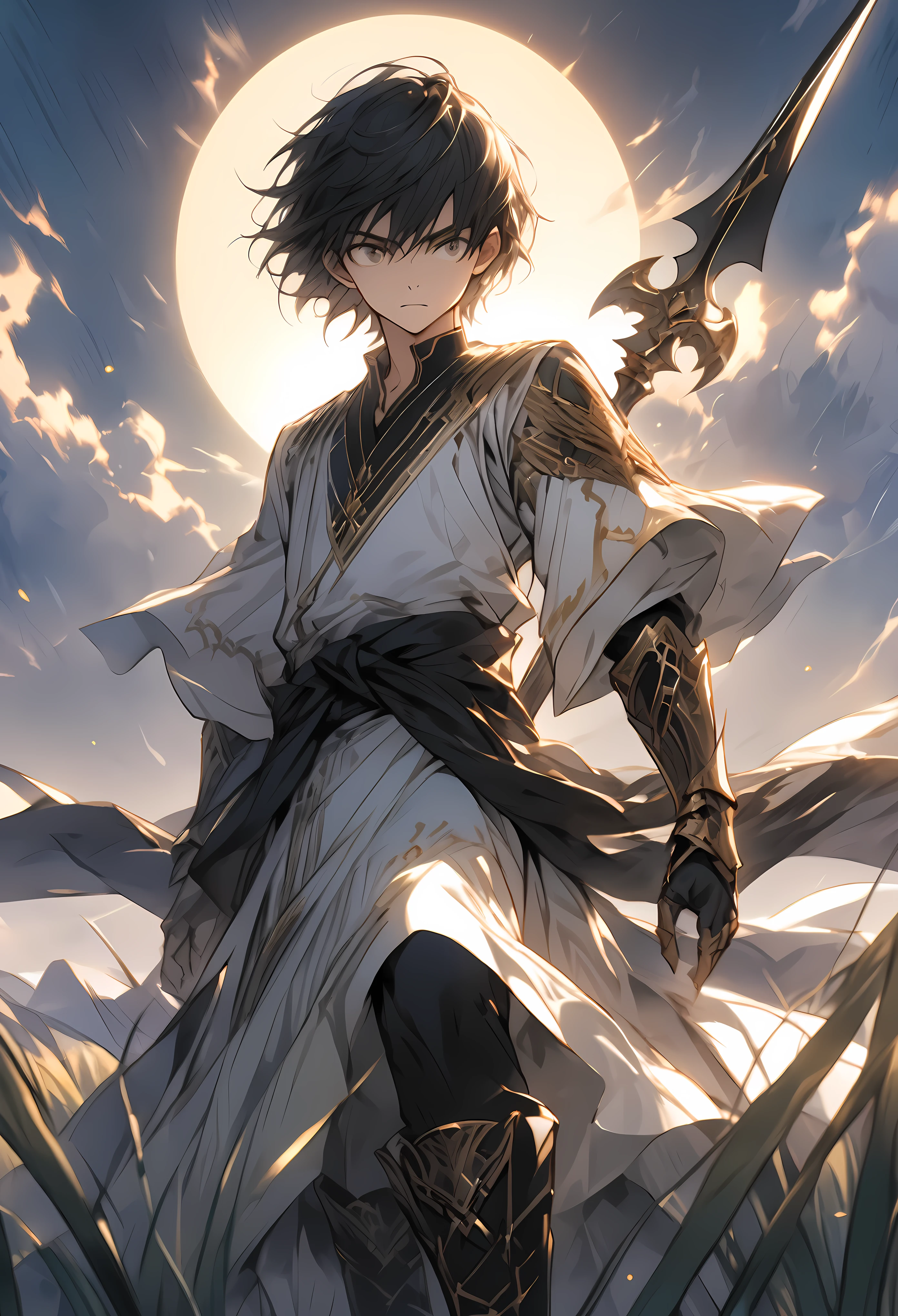 "Create a highly detailed, hand-drawn anime-style image of a young boy, around , with a slender but athletic build. He stands confidently wielding an extremely thin yet intricately designed alabarda (halberd). The weapon is nearly as tall as him, with a delicate blade that gleams in the light, contrasting its deceptively lightweight appearance. His expression is determined, eyes sharp and focused, as if he has mastered his weapon beyond his years.
His short hair is tousled and messy, adding to his youthful energy. He wears a simple tunic with light armor, adorned with subtle patterns of swirling clouds, symbolizing both his agility and grace. His outfit consists of green and gold tones, with the tunic reaching his knees and a black sash tied around his waist. His boots are practical, designed for quick movement, while his small gauntlets are engraved with intricate symbols of protection.
Around him, the scene is set in an open field at dusk, with long grass gently swaying in the wind. Golden light from the setting sun casts dramatic shadows, highlighting both the boy and his elegant halberd. Optionally, faint glowing particles of energy or mystical aura surround the weapon, hinting at its special power. The overall feel of the image should capture both the innocence of youth and the fierce determination of a skilled martial artist."
