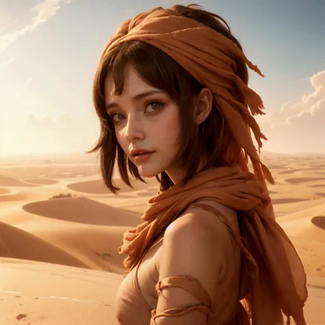 a beautiful cute girl wandering in the desert, extremely wide field of view, official art, best quality, masterpiece, photoreali...