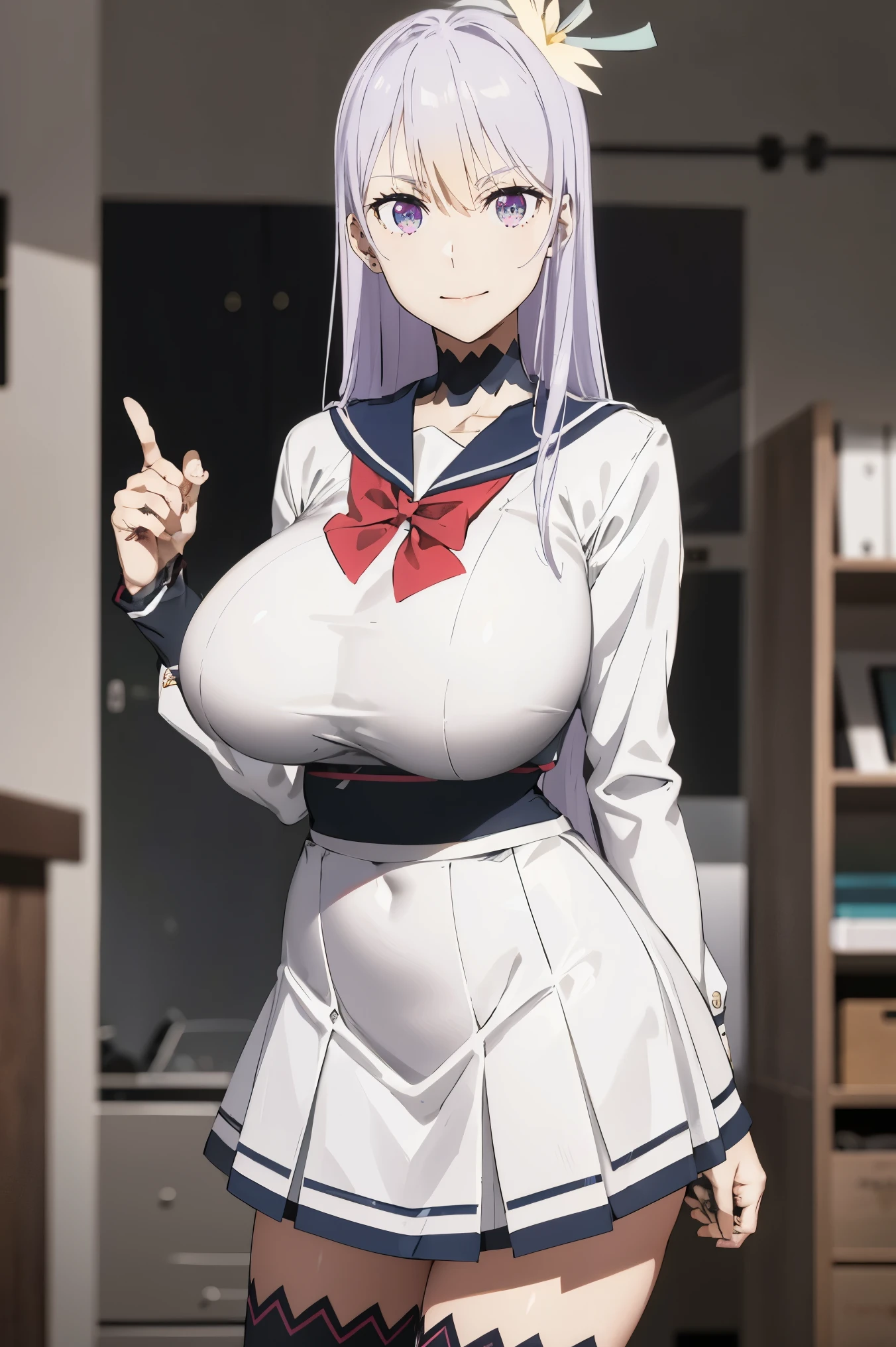 masterpiece, ((huge tits)), ((white sailor uniform))), (nectie)), ((jacket)), ((short skirt))), nectie, (best quality), at classroom,(solo), 1girl, reona, silver hair, purple hair , (short skirt), long hair, purple eyes, sexy woman, hair between eyes, hair ornament, vibrant colors , natural lighting, RTX, , (detailed face:1.2), (perfect eyes:1.1) ,(photorealistic:1.1), 8k uhd, looking a viewer,  simple backround, smile, (upper body), standing pose, ((open legs), 