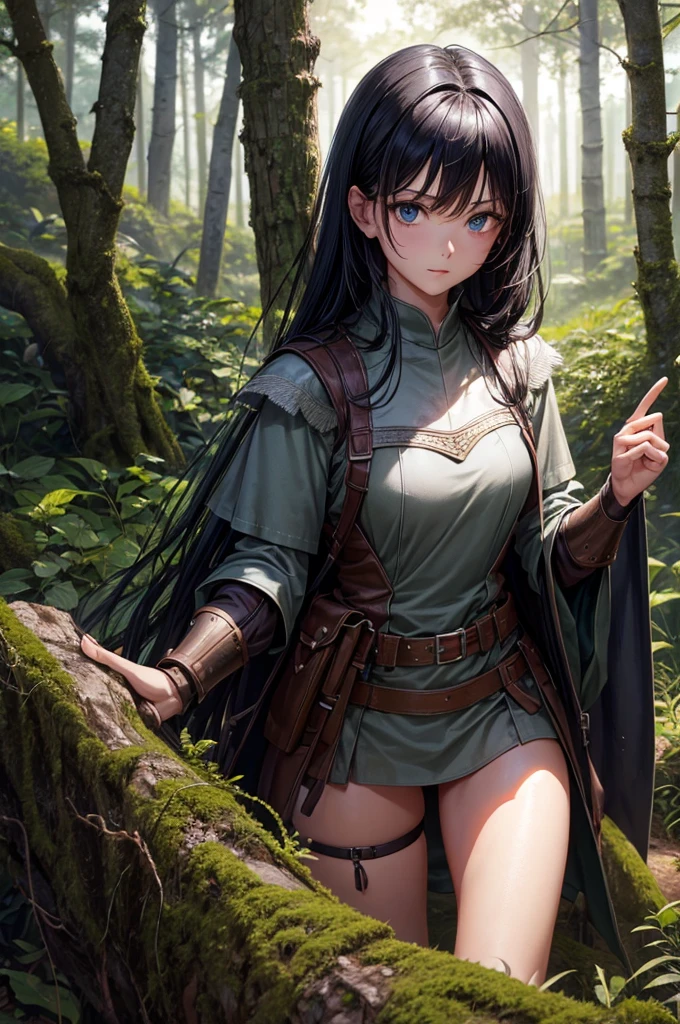 ((1 woman in medieval armor, Imo medieval)),((bare breasts)),((in a forest)),((serious face)),((with lots of bubian hair)),((very long black hair messy, blue eyes)),((facing the viewer, with a sword on his back)),