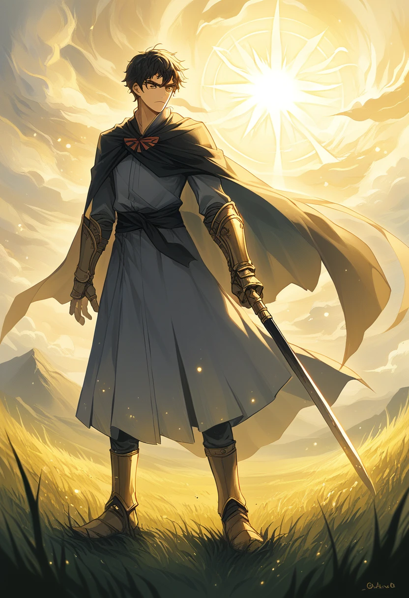 "Create a highly detailed, hand-drawn anime-style image of a young boy, around , with a slender but athletic build. He stands confidently wielding an extremely thin yet intricately designed alabarda (halberd). The weapon is nearly as tall as him, with a delicate blade that gleams in the light, contrasting its deceptively lightweight appearance. His expression is determined, eyes sharp and focused, as if he has mastered his weapon beyond his years.

His short hair is tousled and messy, adding to his youthful energy. He wears a simple tunic with light armor, adorned with subtle patterns of swirling clouds, symbolizing both his agility and grace. His outfit consists of green and gold tones, with the tunic reaching his knees and a black sash tied around his waist. His boots are practical, designed for quick movement, while his small gauntlets are engraved with intricate symbols of protection.

Around him, the scene is set in an open field at dusk, with long grass gently swaying in the wind. Golden light from the setting sun casts dramatic shadows, highlighting both the boy and his elegant halberd. Optionally, faint glowing particles of energy or mystical aura surround the weapon, hinting at its special power. The overall feel of the image should capture both the innocence of youth and the fierce determination of a skilled martial artist."