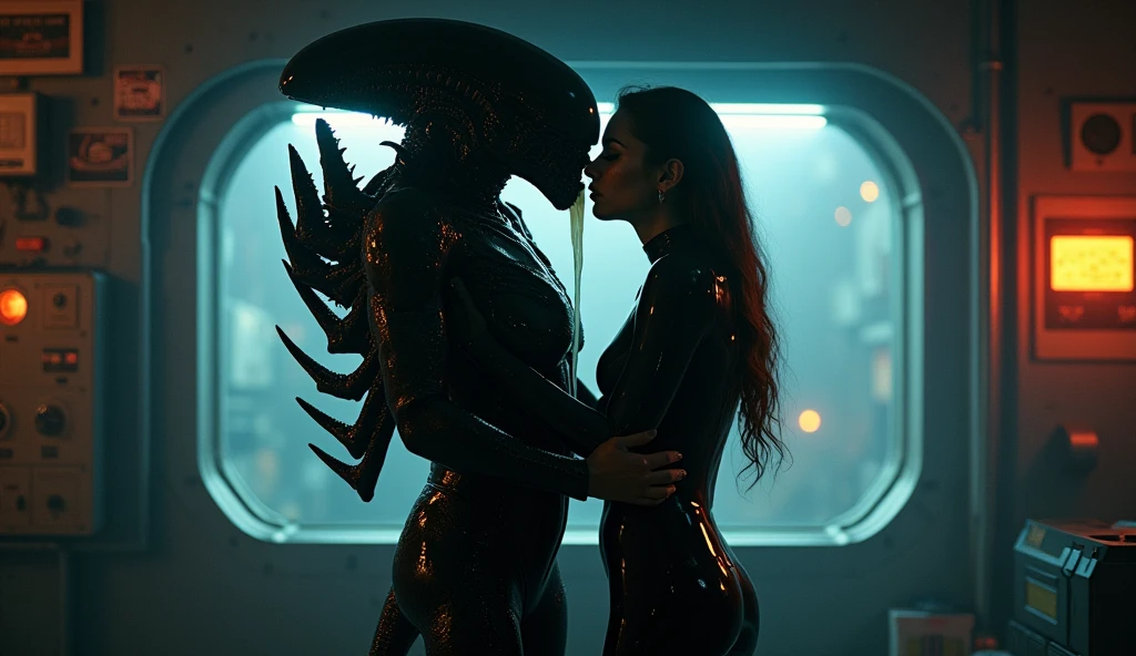 giant  grey xenomorph  monster carries  faint limp  topless beautiful horny aroused pregnant  white  thong horny aroused elllen Ripley in his arms embrace cuddling  nsfw kissing 