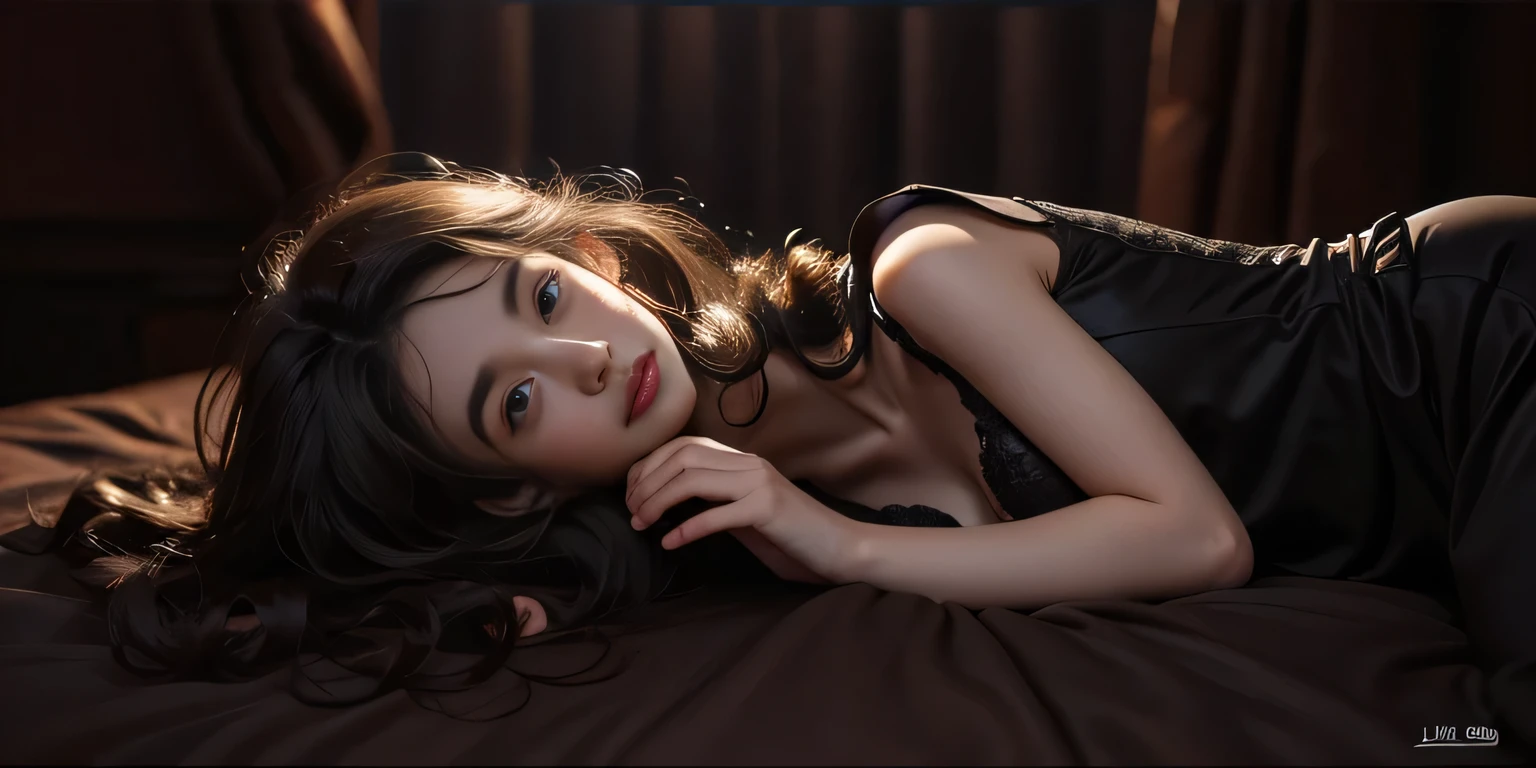 a girl lying on a bed, facing upward, slightly raising her leg, extremely detailed and beautiful 16 year old girl, 4k, 8k, cinematic, full body, lying, long legs, full body capture, (((lying on a bed))), (((full body lying on a bed))), large bed, lying on a bed, head resting on pillow, high quality, photorealistic, hyperrealistic, beautiful skin, flawless complexion, beautiful eyes, long eyelashes, delicate facial features, beautiful lips, graceful pose, natural lighting, warm color palette