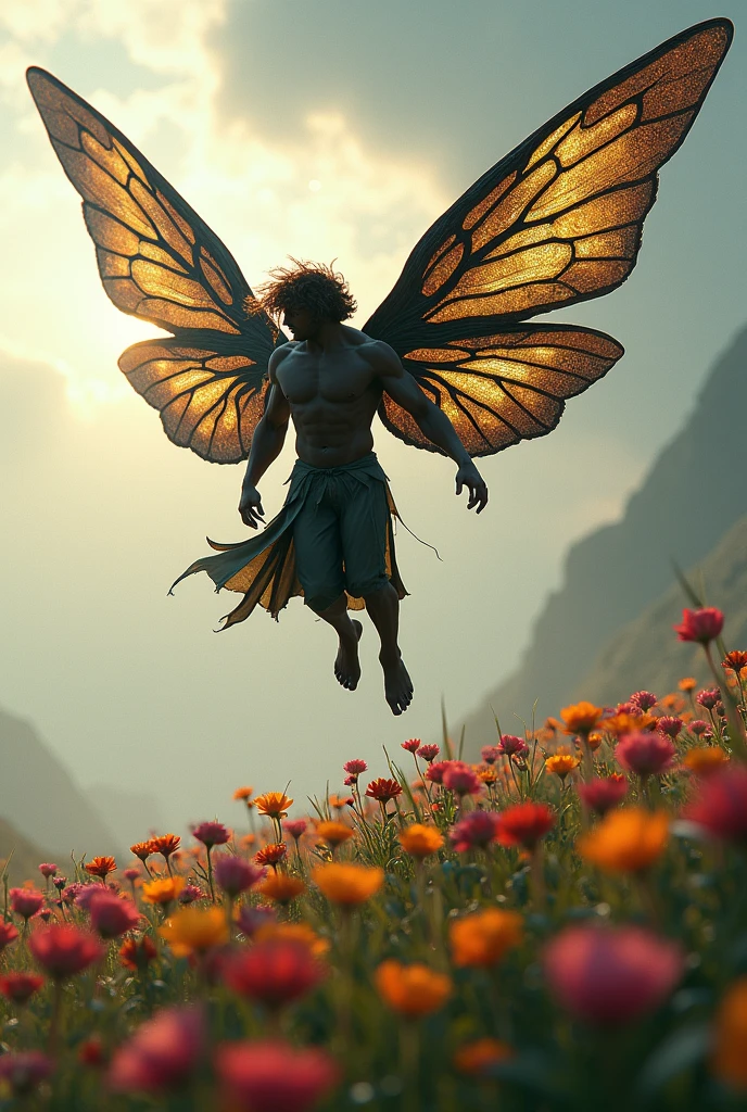 A man with butterfly features flying in a mystic forest.