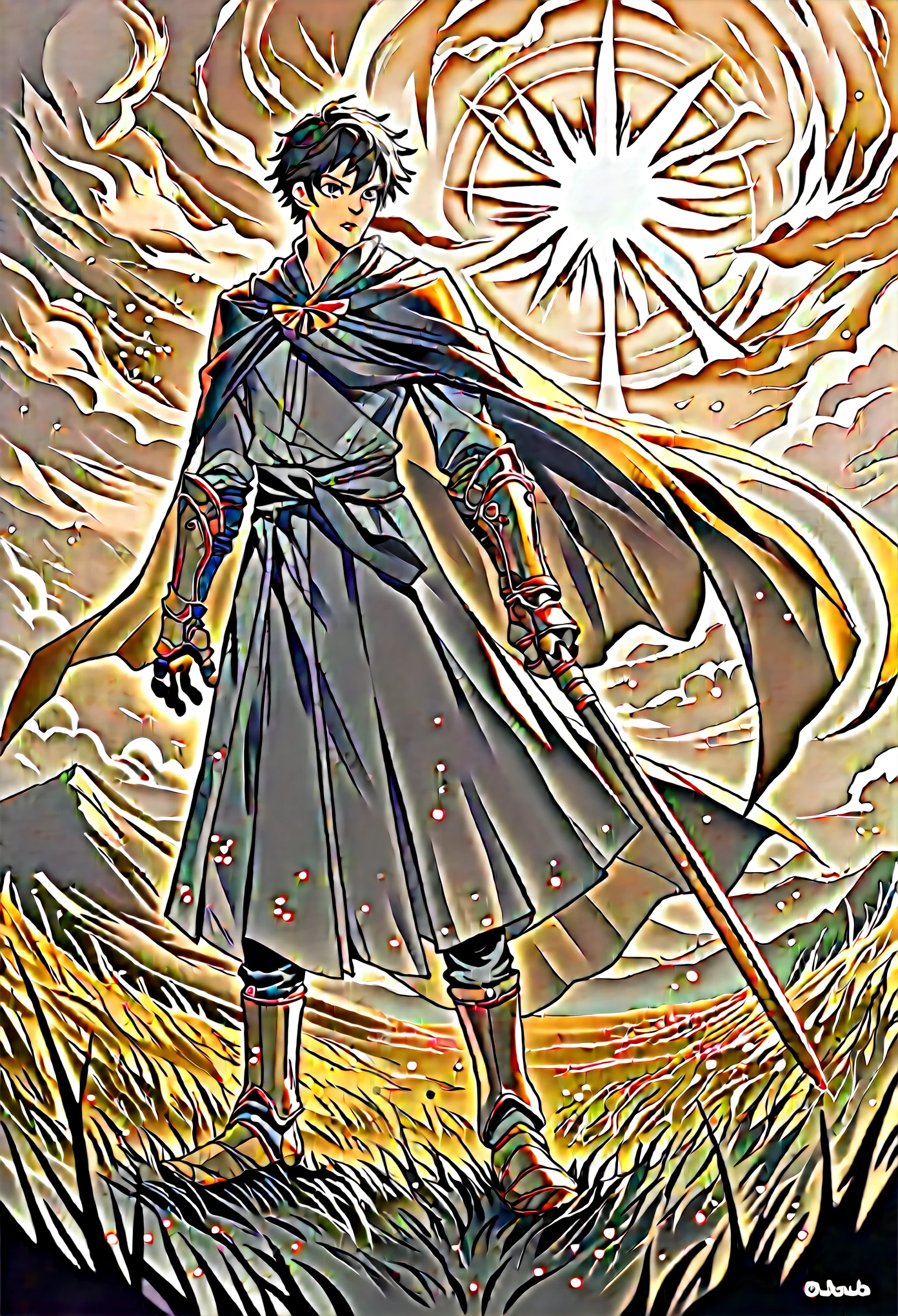 "Create a highly detailed, hand-drawn anime-style image of a young boy, around , with a slender but athletic build. He stands confidently wielding an extremely thin yet intricately designed alabarda (halberd). The weapon is nearly as tall as him, with a delicate blade that gleams in the light, contrasting its deceptively lightweight appearance. His expression is determined, eyes sharp and focused, as if he has mastered his weapon beyond his years.

His short hair is tousled and messy, adding to his youthful energy. He wears a simple tunic with light armor, adorned with subtle patterns of swirling clouds, symbolizing both his agility and grace. His outfit consists of green and gold tones, with the tunic reaching his knees and a black sash tied around his waist. His boots are practical, designed for quick movement, while his small gauntlets are engraved with intricate symbols of protection.

Around him, the scene is set in an open field at dusk, with long grass gently swaying in the wind. Golden light from the setting sun casts dramatic shadows, highlighting both the boy and his elegant halberd. Optionally, faint glowing particles of energy or mystical aura surround the weapon, hinting at its special power. The overall feel of the image should capture both the innocence of youth and the fierce determination of a skilled martial artist."