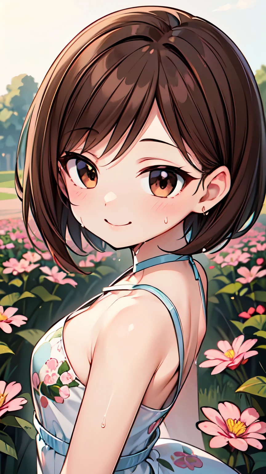 １People Girls、(Brown hair short cut)、Wet Hair、Beautiful brown hair、Keep your head small、Perfect Face、Shiny skin、Clear brown eyes、Slightly chubby、Small breasts、buttocks are small、(((Teasing Smile)))、
Ultra-high resolution 、8k、ultra detailed, hyper detailed, best quality, delightful, in the flower garden, with a meteor, at midnight、magnificent panorama view、
(She is in a good mood surrounded by flowers、Botanical print long dress、An angle that shows from head to waist)