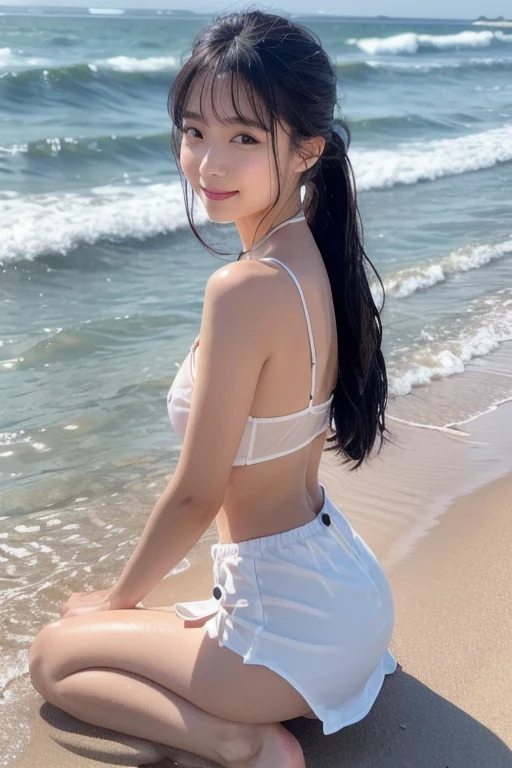 Beautiful woman sitting under a parasol on the beach。Black Hair