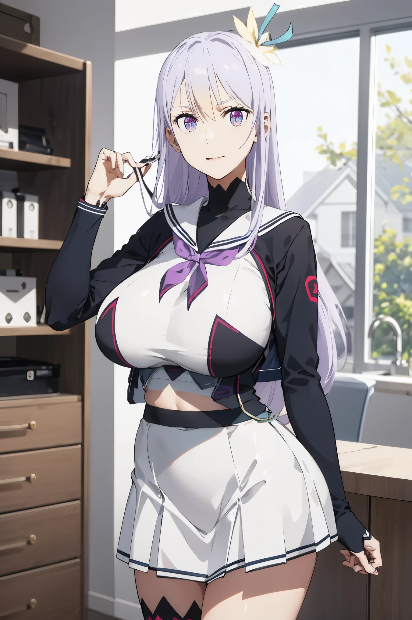 masterpiece, ((huge tits)), ((white sailor uniform))), (nectie)), ((jacket)), ((short skirt))), nectie, (best quality), at classroom,(solo), 1girl, reona, silver hair, purple hair , (short skirt), long hair, purple eyes, sexy woman, hair between eyes, hair ornament, vibrant colors , natural lighting, RTX, , (detailed face:1.2), (perfect eyes:1.1) ,(photorealistic:1.1), 8k uhd, looking a viewer,  simple backround, smile, (upper body), standing pose, ((open legs), 