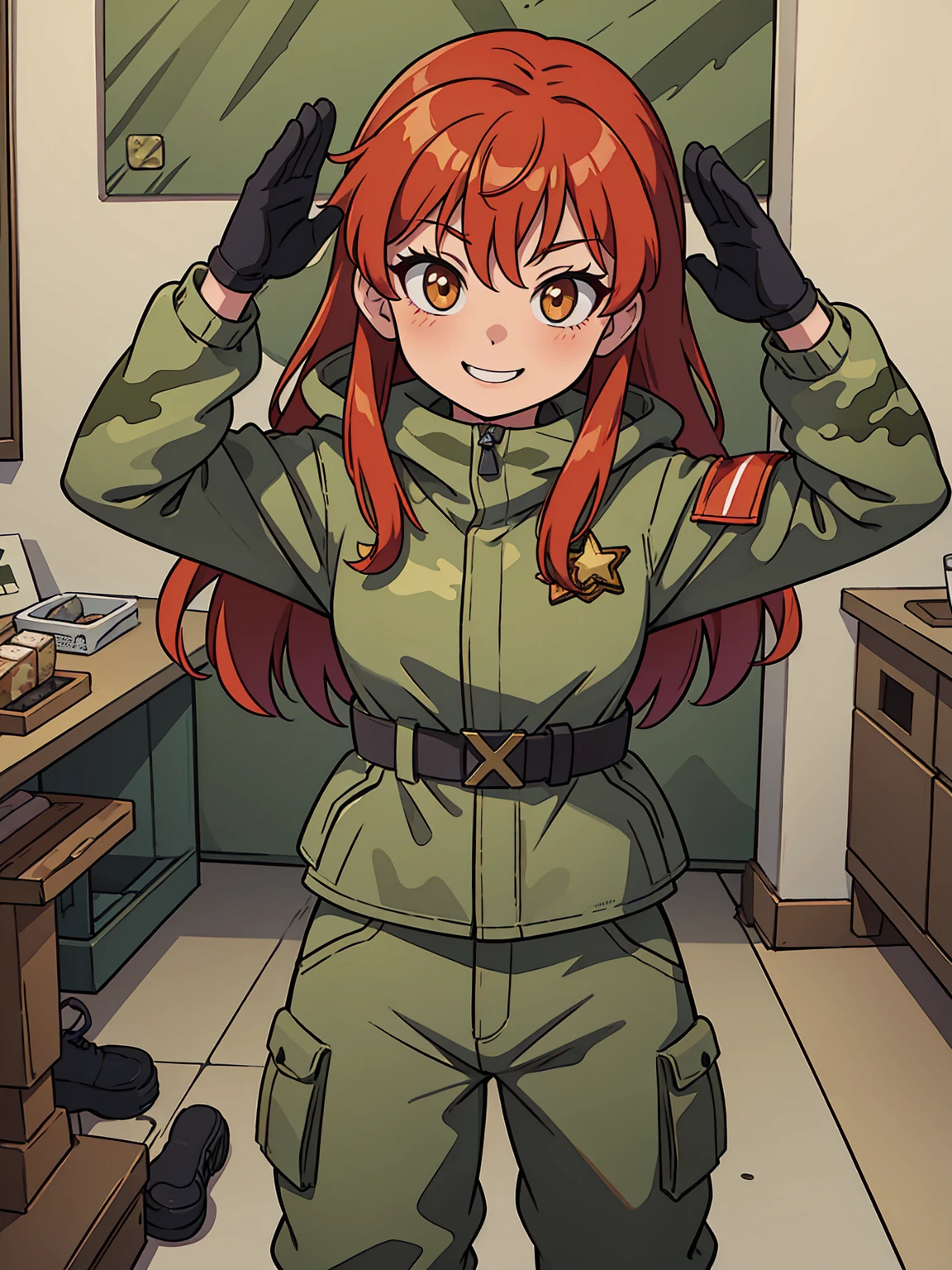 a girl with red hair, wearing camouflage jacket, camouflage balaclava, camouflage pants, military belt and military boots, standing on a plain and saluting with a smile. Anime cartoon style 