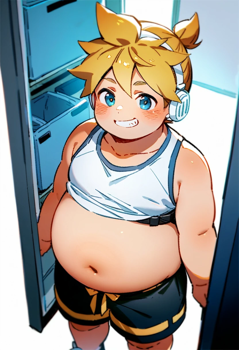 1 boy, (fat male child), (Kagamine Len), (cute), obese, chubby cheek, fat rolls, tank top, earphone, (chubby), (plump), (belly significantly spill over the waistband), standing in a changing room, (full blushed), belly button exposed, showing off his belly, smirk proudly