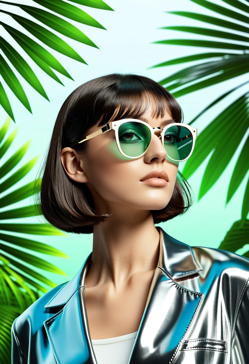 A stylish, confident young woman with a French bob haircut and trendy glasses, Background: A serene tropical beach with lush green foliage and a palm tree, set against a blurred, monochromatic CGI background, Supporting characters: None, Branding type: High-fashion meets futuristic, Tagline: "Reboot Your Style", Visual style: Futuristic, monochromatic color palette with bold, geometric patterns inspired by Piet Mondrian's art.