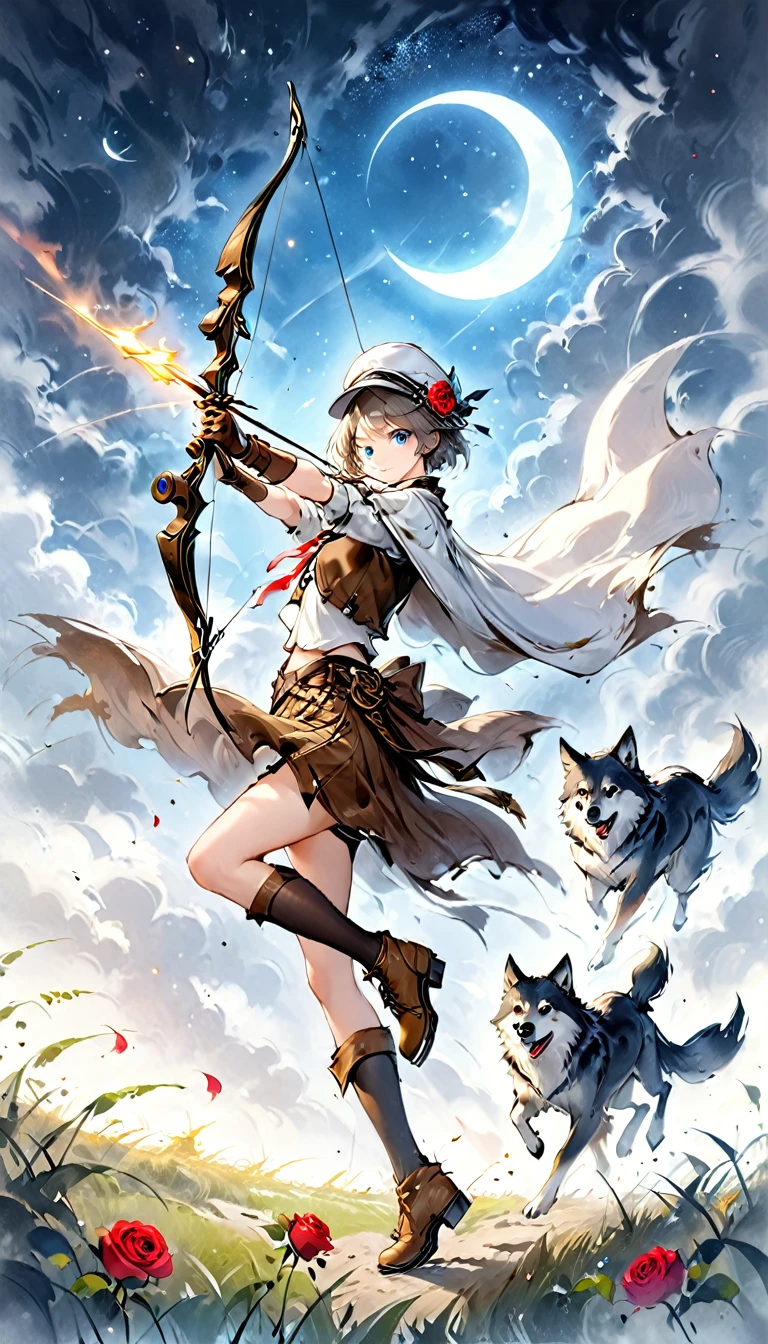 ((Best Quality)), ((Famous Paintings)), (detailed),A girl aiming a bow,and bow,2,Silver short bob,Partial bangs,blue eyes, break,short yellow tube top, break,Short sleeve white cape, Belly button, break,Brown sleeves detached,Gloves connected to sleeves, break, (Black spats),Brown shorts,Half Boots,Brown knee-high socks,White newsboy cap with roses,Starry Sky,Crescent moon hair accessory,grassland,Big Falcon,Big Wolf
