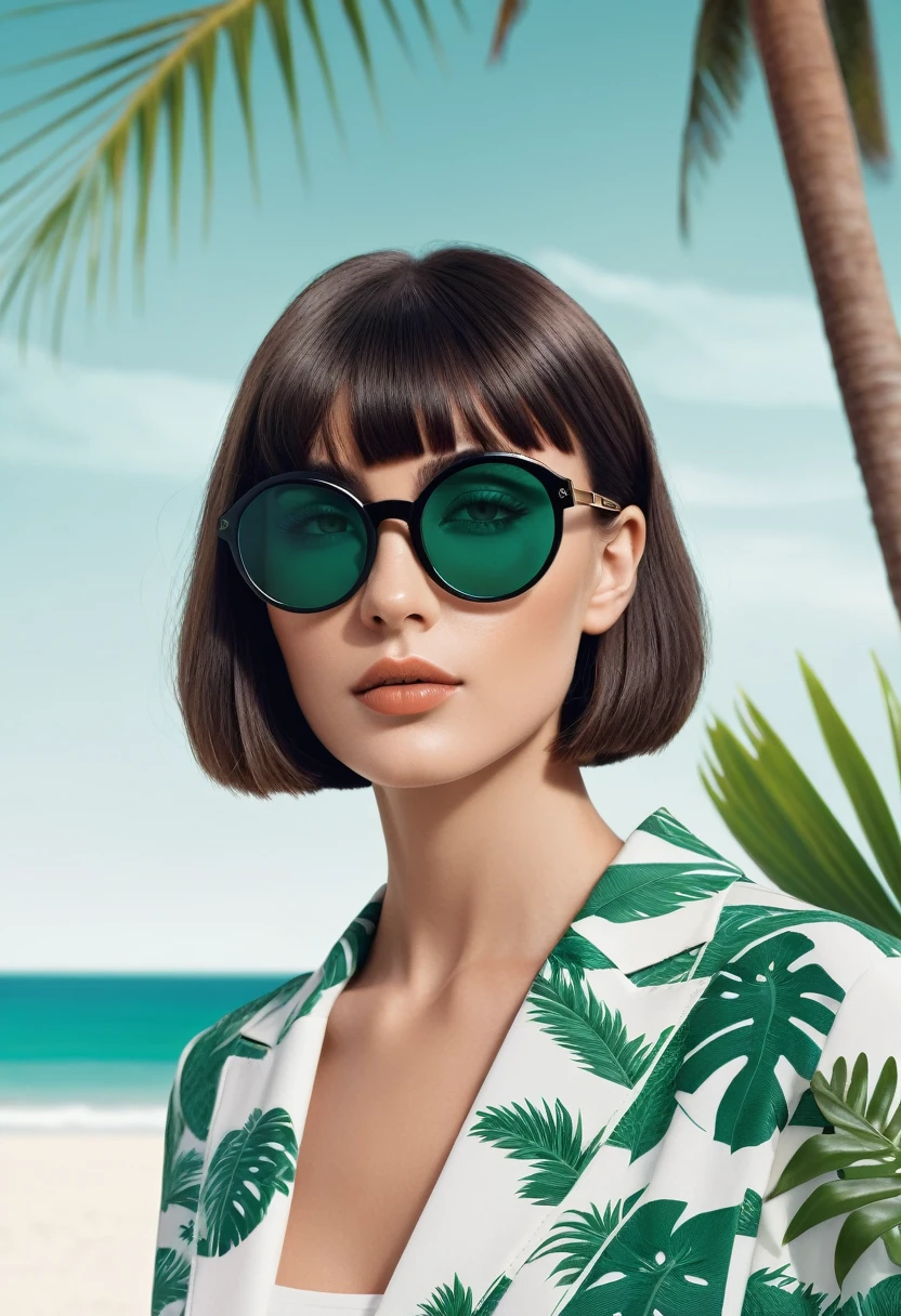 A stylish, confident young woman with a French bob haircut and trendy glasses, Background: A serene tropical beach with lush green foliage and a palm tree, set against a blurred, monochromatic CGI background, Supporting characters: None, Branding type: High-fashion meets futuristic, Tagline: "Reboot Your Style", Visual style: Futuristic, monochromatic color palette with bold, geometric patterns inspired by Piet Mondrian's art.