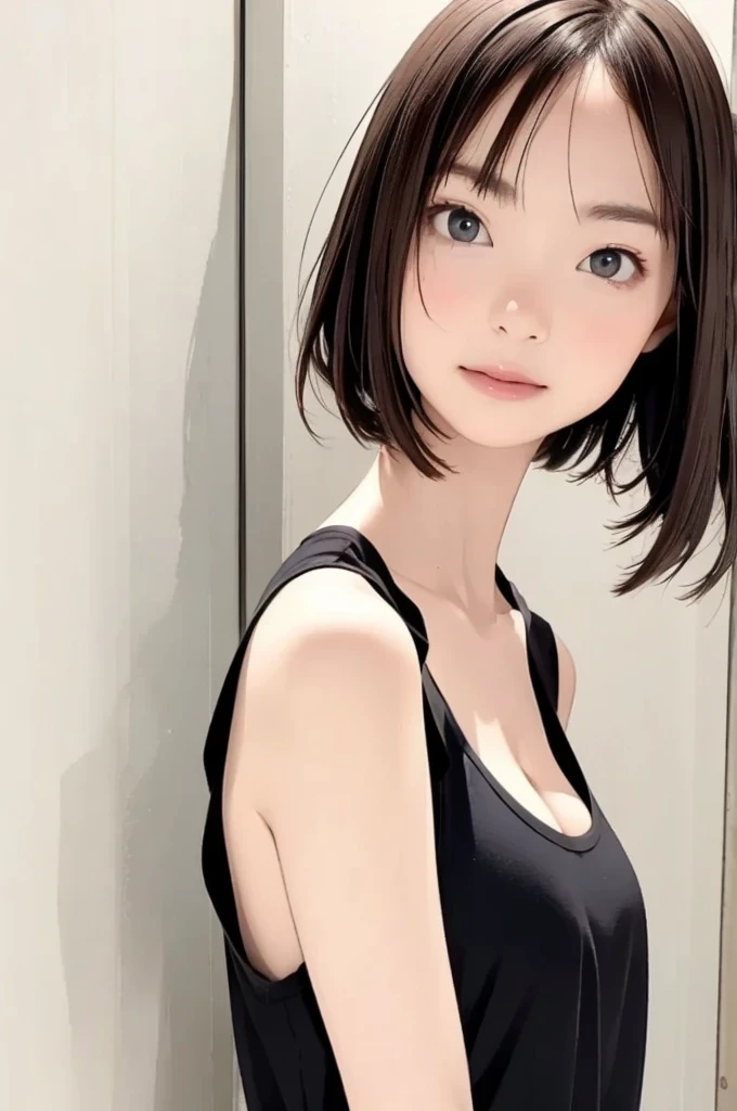 masterpiece、Highest quality、Super Fine、32K、Staring at the audience、Dark underworld、midnight、Stylish black tank top、Cleavage、Wild Shorthair、Light Brown Hair、最high qualityで、(Real:1.4)、Ultra-high resolution、(Narrow and beautiful eyes:1.6)、Symmetric、Highly detailed face、Perfect lighting、(Perfect Anatomy)、(White background:1)、Hot Genic、Best image quality、Characteristics of short hair、high quality、Visual Arts、