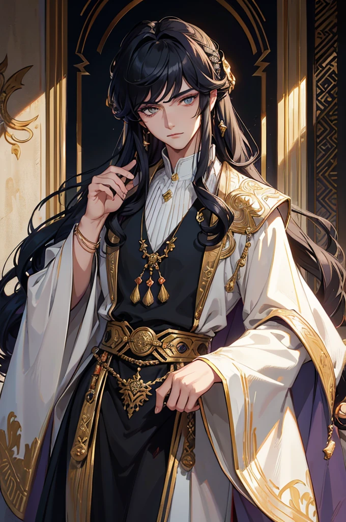 (masterpiece),(highest quality),highres, (extremely detailed),handsome persian man, anime guy, dollish eyelashes, middle-eastern complexion, sassanid fahion, sassanian fashion, coil curls, structured ringlet curls, marcel waves, pensive, glowing emerald eyes, stark kohl-lined eyes, swirly, long hair, sassanid hairstyle, kohl, eyeshadow, thick-lines eyes in the style of Arnold Bocklin, colorful eyeshadow, tidy, neat, male, middle eastern man, dappled sunlight, kaftan, high standing collar that flares outward, dramatic chiaroscuro, funnel collar, cape collar, persian brocade, richly embroidered, bjd, 