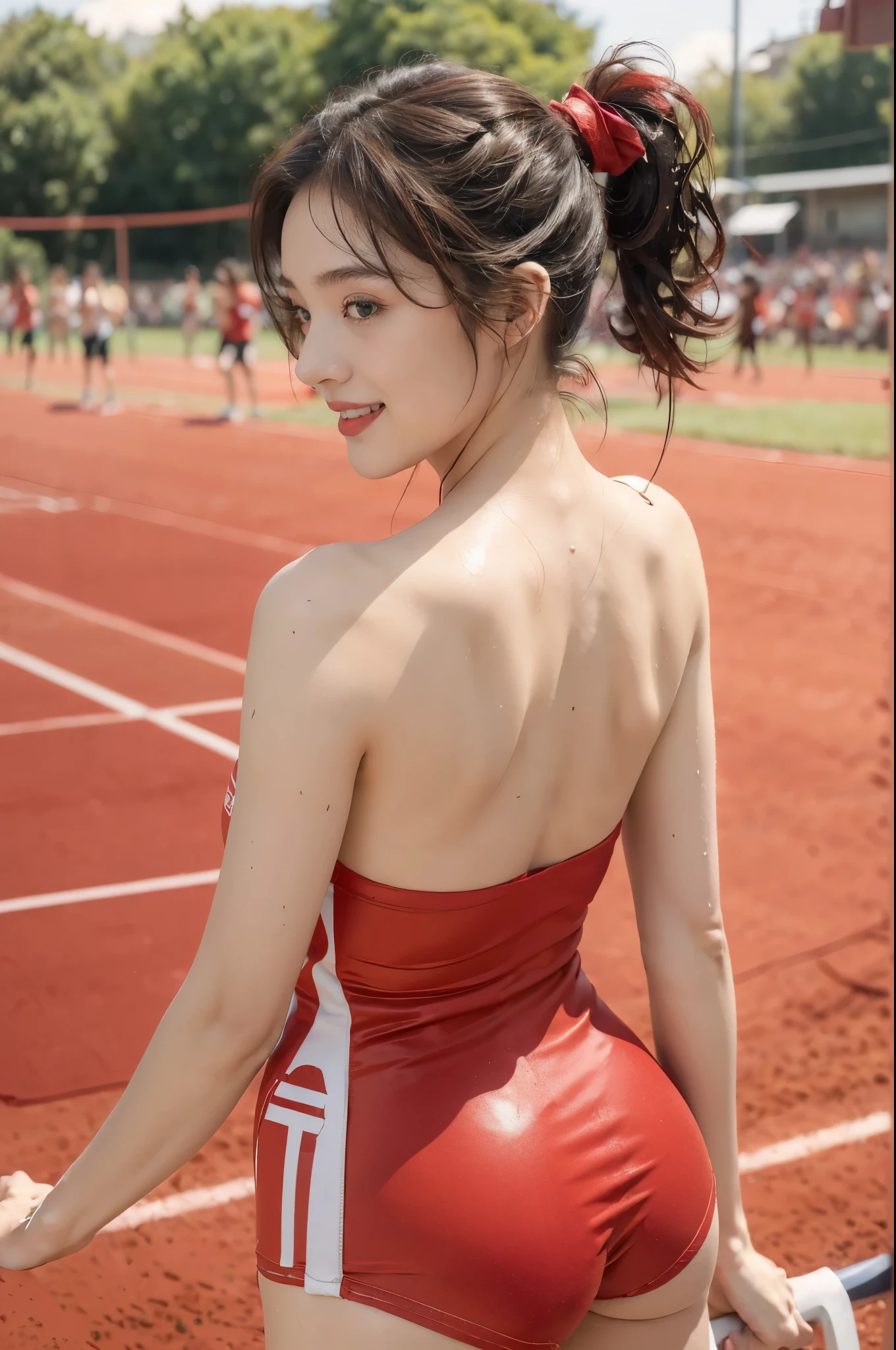 (((best quality))),(((ultra detailed))),(((masterpiece))),illustration,((1 beautiful girl,female footballer,solo)),((shoulder off,strapless,bare back,towering hips,butt crack)),((slim,thin)),summer night,stadium,crowded stands,enthusiastic spectators,football match,(short ponytail:1.2),((Spain team kit,red shirt,blue shorts)),(slender legs:1.2),(football:1.3),fluid movements,powerful,sweat,forehead,exhaustion,passion for football,purposeful running,electric atmosphere,crowd roar,critical juncture,pressure,undeterred,floodlights,luminous glow,long shadows,drama,breathtaking sight,raw passion,unbridled energy,determination,skill,embodiment of sport's spirit,strength,resilience of human spirit,(standing:1.3),((from back,upper body))