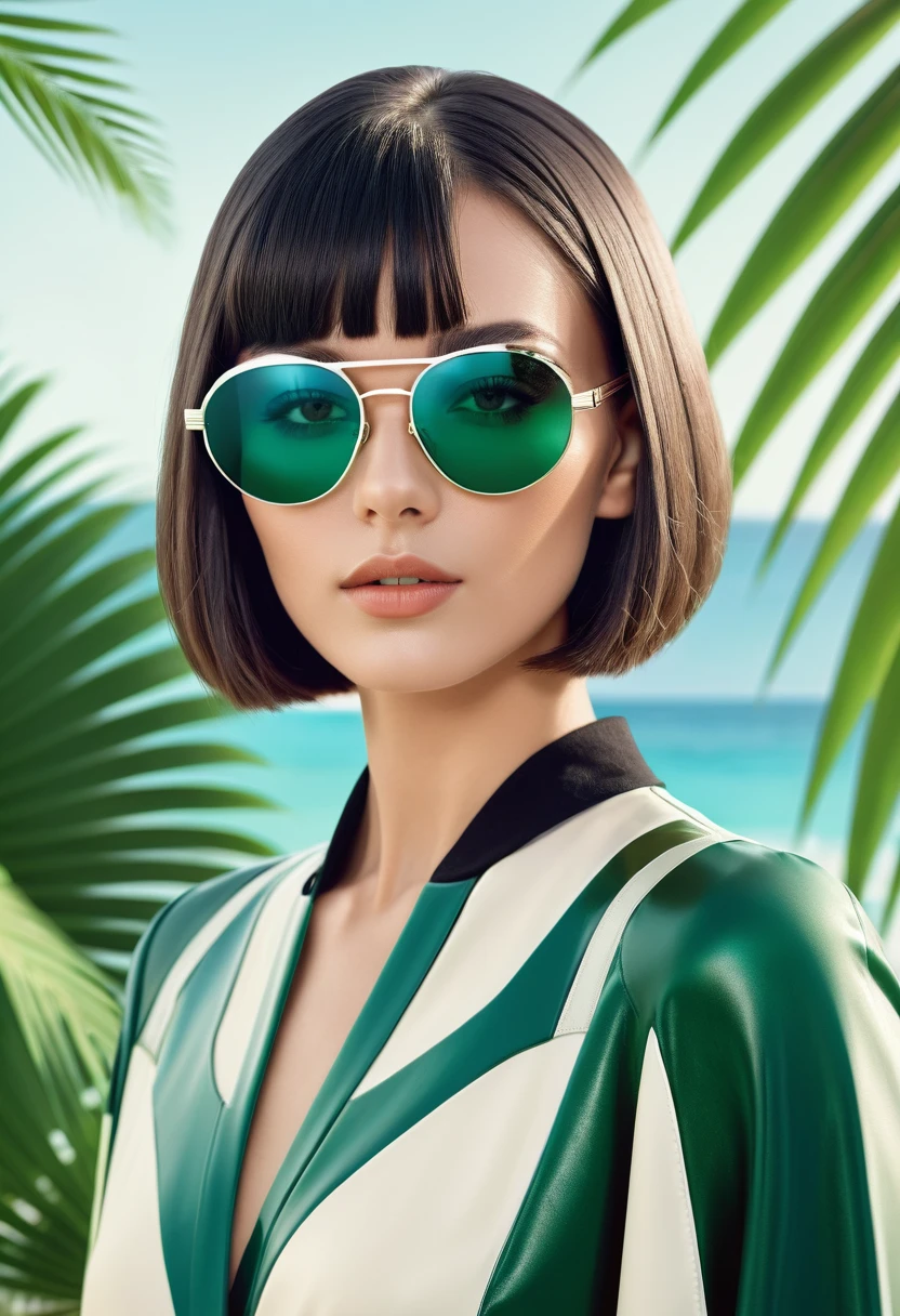 A stylish, confident young woman with a French bob haircut and trendy glasses, Background: A serene tropical beach with lush green foliage and a palm tree, set against a blurred, monochromatic CGI background, Supporting characters: None, Branding type: High-fashion meets futuristic, Tagline: "Reboot Your Style", Visual style: Futuristic, monochromatic color palette with bold, geometric patterns inspired by Piet Mondrian's art.