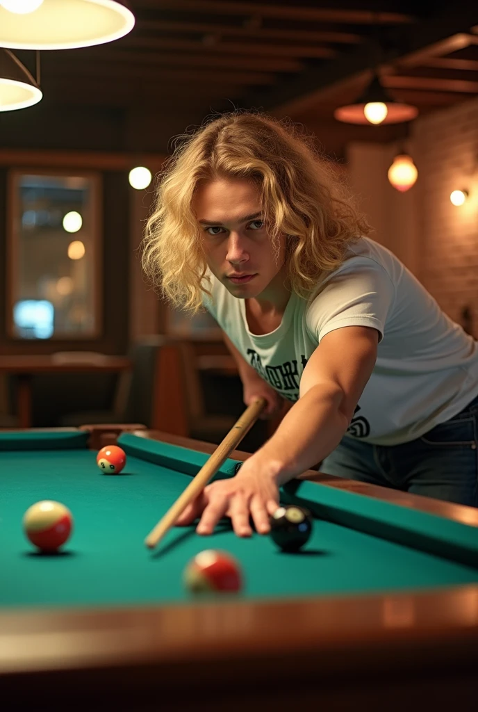 check_9, check_8, check_7_up, Sexy cyborg woman playing billiards, lean over seductively, to sink the ball, while horny butches eagerly watch, dimly lit by diffuse cigar smoke, the air is saturated with alcohol and masculinity, men undress her with their eyes, desperately wanting to take her right on the table, in a twisted way