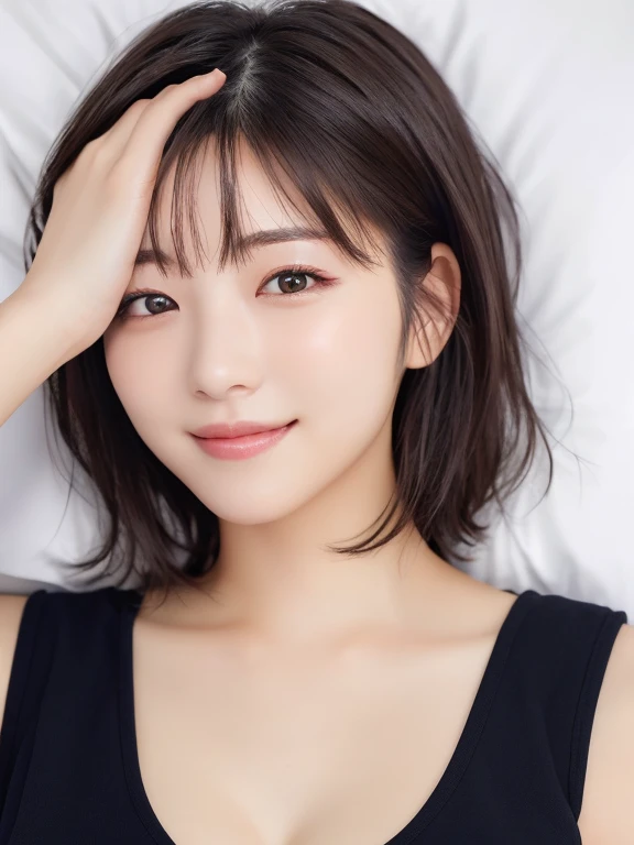 One girl, short,Bob,Black Hair,smile,Inside the room, summer,navy blue,cotton,Sleeveless,Unbutton it,Bed,Lying on your back,Innocence,cute,Baby Face,Junior high school freshman,A small cleavage on the chest,Look here,transparent, (masterpiece, Highest quality), Soft Light, Structure of the film, Like a movie