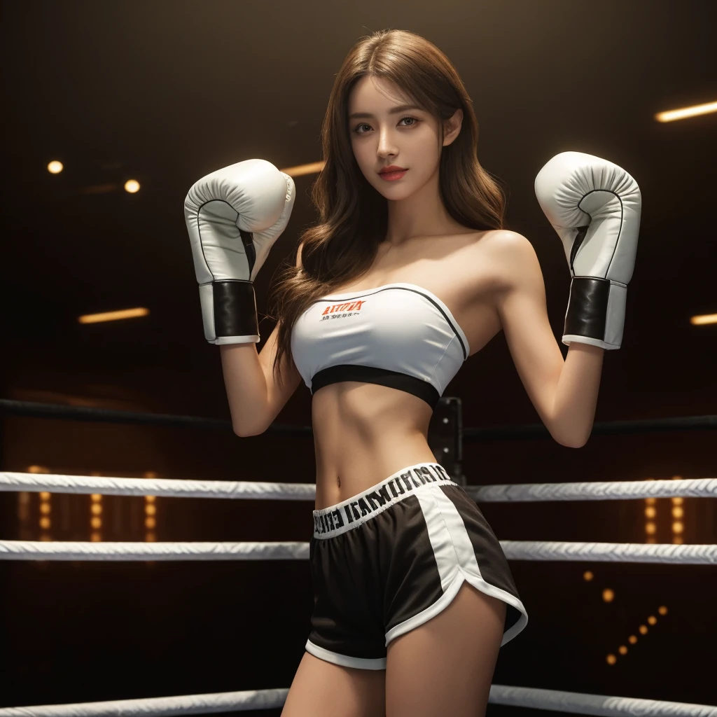 girl in sportswear、Supermodel、perfect shape、、sports girls、beautiful feet、、headphone、Innocent face、A beautiful girl in sportswear punches a man with a smile、boxing match