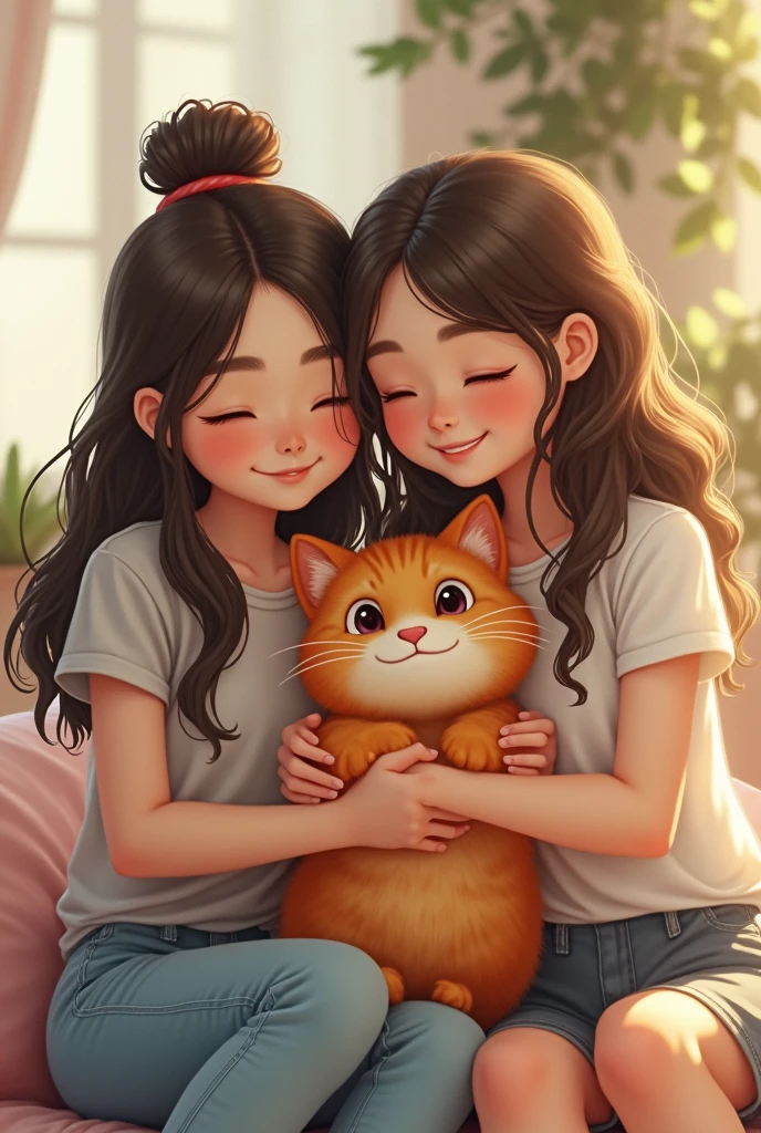 A 2 girl with curly hair and glasses, lying in bed with a fat tricolor cat