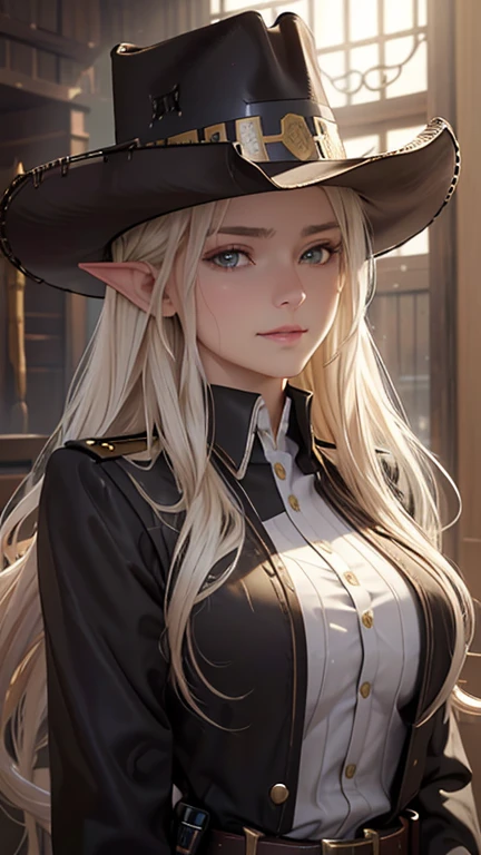 masterpiece, Best Quality, Highly detailed CG Unity 8k wallpaper,((Upper body portrait)), (Focus on the face), ((Western-style bar)), (Long pointy ears), (Revealing western-style costume: 1.3, Security Officer), ((Ten-gallon hat, 胸にSecurity Officerバッチ: 1.4)), (gun belt, holster), Elegant long wavy platinum blonde hair, (so beautiful１６Year old girl), ((Average Chest Circumference, Self-illuminating skin)), (Wet white skin), (Charming smile), cute, Detailed and beautiful eyes, Perfectly symmetrical face, fine grain, Key Art, Awards, Exquisitely detailed realism HDR, Photorealism, Hyperrealism, Ultra-realistic, Dramatic lighting, Amazing views, Detailed border