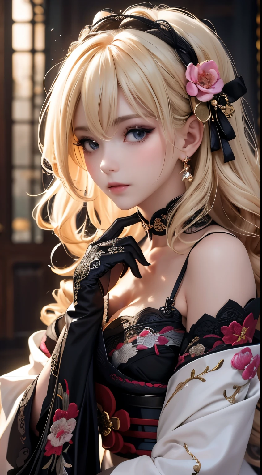 A beautiful woman, Light blonde hair, soft loose curls, black gloves, Elaborate Costumes(High-end kimono(Black kimono(Detailed embroidery))), black lace gloves, choker, Light blonde hair, soft loose curls, elegant and mysterious atmosphere, indoor setting, smooth pale skin, reflective and contemplative pose with a hand near the face, dark and moody background, close-up shot with shallow depth of field highlighting the texture and intricate design of the dress.