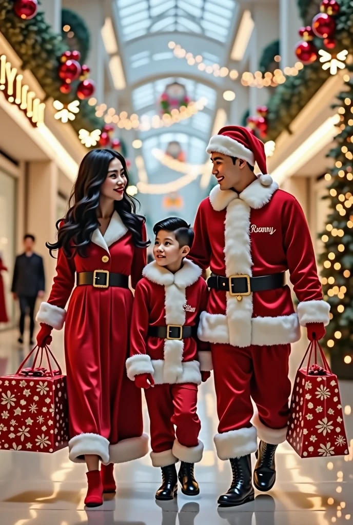 A realistic  images of beautiful sweet smile Asian couple.A beautiful woman, white skin ,long long black wavy hair, wearing red santa dress outfit,santa gloves.with beautiful girl's santa with word "Rosanna", with holding a big christmas gift box, pqper bags,with handsome man wearing santa clause outfit and word "Manny"  on his hat,standing on her left and holding a gifts box,handsome 10 yeqrs old boy wearing santa clause outfit his in the middle, all walking inside of beautiful cleared shopping mall and full of christmas decorations on background,,ultra-detailed ultra-realistic full of colorful, 4k HD high quality  