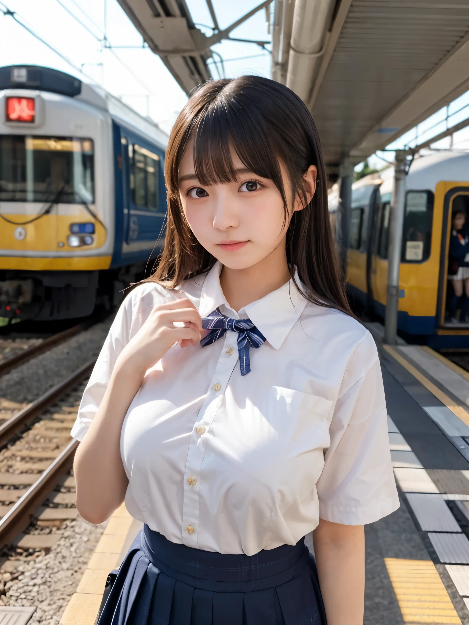 (masterpiece:1.2, highest quality), bokeh, 1 high school girl, 
(Japanese idle:1.6), Plump breast, Blushed face, updo, Looking at the viewer, standing at the train railway, high school uniform:1.6), sundown, Close up, expresses the roundness and softness of your chest
