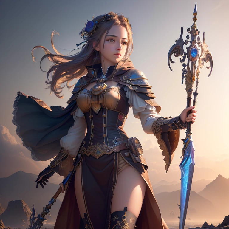 there is a woman in a costume holding a sword in a field, a screenshot inspired by Lam Qua, trending on cg society, dada, in monster hunter armor, fantasy outfit, spellcasting pose, wearing monster hunter armor, blade and soul, clothes themed on a peacock mage, alluring mesmer woman, beautiful screenshot, <mmorpgs scene