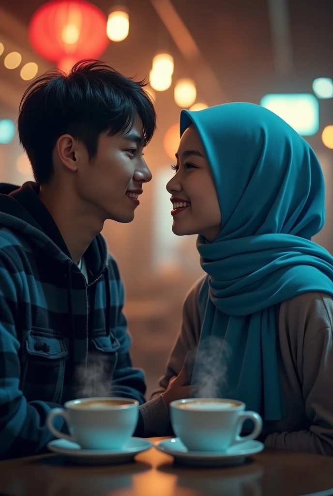 young man shorty black messy haircut with a young hijab woman, facial forward, wear hodie jacket clothes, standing while lean back on the wall building outdoor the cafe on the new york city, at night, natural, sweetly smile, lighting pole lamps, starlight, colorful neon lights lamps, real hyper realistic, real human jepang, UHD 8k, detailed photo, perfect face, detailed places, landscape, full body, photo was taken from a distance on stone land sidewalk the new york city