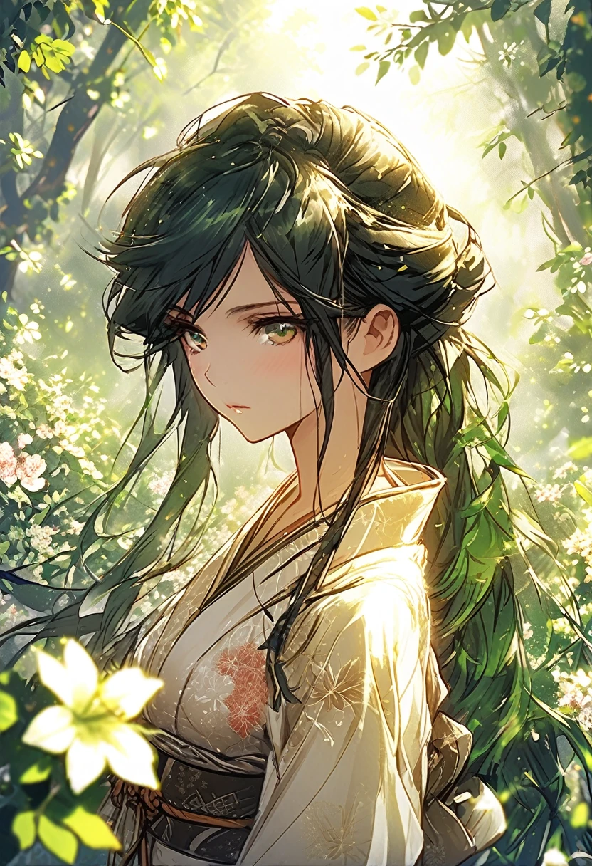 "Create a highly detailed, hand-drawn anime-style image of Haruka Mei, a character from the race known as the Sombra das Flores (Hanae no Kage). She is a female shinobi with an ethereal, graceful appearance, blending perfectly with the surrounding flora. Her skin has a slight greenish hue, almost translucent, giving her a mystical connection to nature. Her long, flowing hair is black with green highlights, resembling leaves, and adorned with delicate flower petals that change colors with the seasons.

Her attire consists of a light, form-fitting ninja outfit made from natural fibers that resemble the texture of leaves and vines. The outfit is dark green with subtle floral patterns that shimmer in the light, helping her blend into the natural environment. She carries no visible weapons, as she relies on her mastery of controlling plants.

Haruka Mei stands poised in a lush, flower-filled forest setting, with vines and flowers subtly wrapping around her body, illustrating her connection to nature. Her expression is serene but focused, as if she is prepared for a stealthy attack. The Dança dos Espinhos Ocultos combat style is represented through sharp petals swirling around her, and thorned vines emerging from the ground, ready to strike. The scene is infused with magic and mystery, showing her mid-action, either blending into the floral environment (using Camuflagem Floral) or controlling the petals for her signature attack, Corte de Pétalas.

The atmosphere should evoke a sense of grace, danger, and the natural beauty of the forest, capturing the essence of her connection with nature and her role as a stealthy shinobi."

