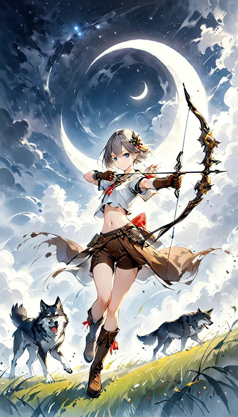 ((Best Quality)), ((Famous Paintings)), (detailed),Full body shot of a girl aiming a bow,and bow,2,Silver short bob,Partial bangs,blue eyes, break, (A short yellow tube top with white short sleeves and a bikini), Belly button, break,Long gloves with connected sleeves, break, (Black spats),Brown shorts,Half Boots,Brown knee-high socks,Starry Sky,Crescent moon hair accessory,grassland,Big Falcon,Big Wolf,Perfect Face,Focus on faces
