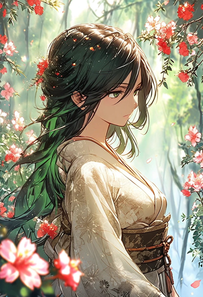 "Create a highly detailed, hand-drawn anime-style image of Haruka Mei, a character from the race known as the Sombra das Flores (Hanae no Kage). She is a female shinobi with an ethereal, graceful appearance, blending perfectly with the surrounding flora. Her skin has a slight greenish hue, almost translucent, giving her a mystical connection to nature. Her long, flowing hair is black with green highlights, resembling leaves, and adorned with delicate flower petals that change colors with the seasons.

Her attire consists of a light, form-fitting ninja outfit made from natural fibers that resemble the texture of leaves and vines. The outfit is dark green with subtle floral patterns that shimmer in the light, helping her blend into the natural environment. She carries no visible weapons, as she relies on her mastery of controlling plants.

Haruka Mei stands poised in a lush, flower-filled forest setting, with vines and flowers subtly wrapping around her body, illustrating her connection to nature. Her expression is serene but focused, as if she is prepared for a stealthy attack. The Dança dos Espinhos Ocultos combat style is represented through sharp petals swirling around her, and thorned vines emerging from the ground, ready to strike. The scene is infused with magic and mystery, showing her mid-action, either blending into the floral environment (using Camuflagem Floral) or controlling the petals for her signature attack, Corte de Pétalas.

The atmosphere should evoke a sense of grace, danger, and the natural beauty of the forest, capturing the essence of her connection with nature and her role as a stealthy shinobi."

